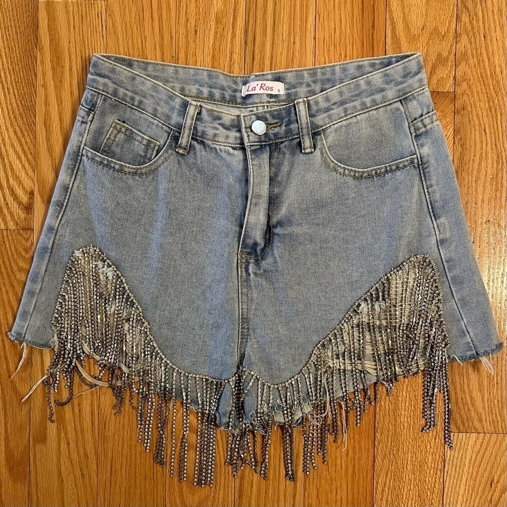 La Ros Rhinestone Fringe Cutoff Denim Jean Shorts High Rise 30” Sz S Beyonce